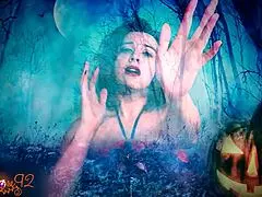 A ghostly ghoulfriend in costume gives jerk off instructions to her friend in a POV roleplay.