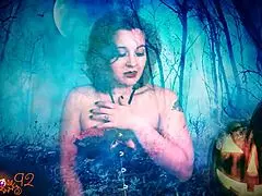 A ghostly ghoulfriend in costume gives jerk off instructions to her friend in a POV roleplay.