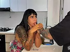 sayafit seduces her plumber neighbor with her athletic latina body, leading to blowjob and doggystyle sex, cheating on his wife.