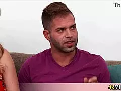 Stepmom Joins Birthday FFM Threesome With Double Blowjob Action