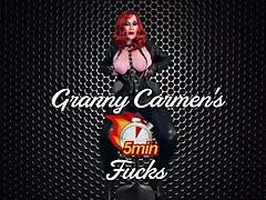 Granny Peggy Sue's strapon jerked to cum. Hardcore scene with big tits milf.