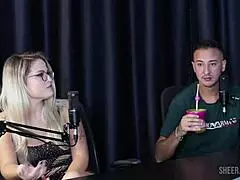 Hyoran Carvalho in sheer red lingerie, teasing with handjob