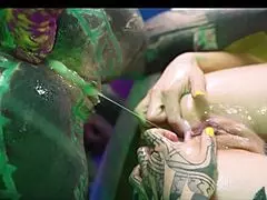 i licked anal creampie cum on ass with farting and gaping in tattoo lesbian play