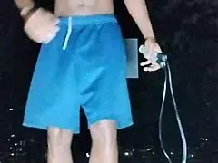 Cute brunette in park fitness solo