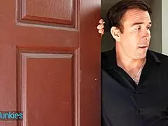 The housewife sucked her neighbor's cock dry, then got her tits washed with cum.