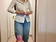 Stepmother helps stepson cum in panties before work.