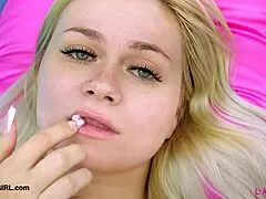 Graceful golden blonde shows sexy body