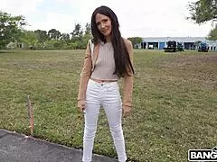 Feeling desperate, she spreads her shaved pussy wide for cash