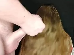 cum on stepmoms long hair and she swallows it