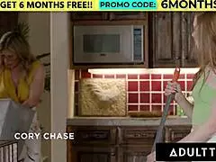 Milf Cory Chase catches stepbae Myra moaning without panties, teaching lesson.