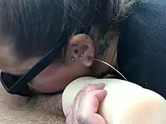 milf uses pocket pussy for wet handjob on monster cock in juicy outdoor public car