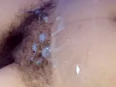 My husband's friends fill my hairy pussy with huge cumshots.