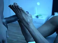 Hot milf gives footjob and gets fucked softly in missionary