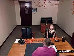Two pussies riding principal Tony's hard dick in office hidden cam threesome