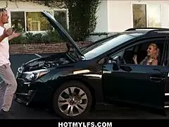 Blonde milf lets car fixer boy fuck her hard. She orgasms in the car.