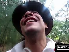 thick booty ebony and ivory baddies slurping on a cock outside in the woods