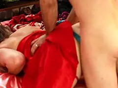 french amateur in red satin bodysuit gives blowjob ass to mouth doggy cowgirl anal plug spanking closeup