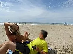 Big-titted stranger milf masturbates and fingers her pussy before public handjob cumshot outdoors