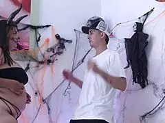 Hot woman catches guy at Halloween party and fucks him hard