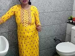 Indian hot stepmother gets fucked by stepson in the washroom with dirty hindi talk