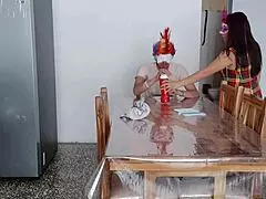 A maid fulfills a request in front of a man at home with charming natural tits