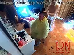 nudist barbershop nude lady hairdresser in apron surprises client with security camera footage