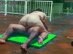 Busty milf enjoys outdoors in luxembourg university pool with latin man