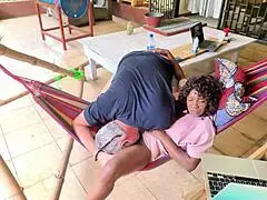 Lazy sunday on the patio, Flow gets caught masturbating in her hammock, dripping wet.