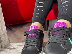 Goddess teases wrinkled feet in socks and barefoot under desk