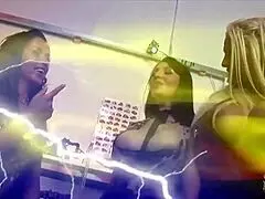 One blonde milf and two brunettes are bouncing on a trampoline in an amazing group activity