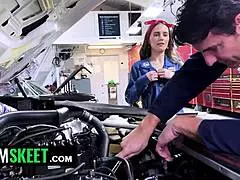 Sharing Stepdad's Cock in Mechanic Shop Threesome