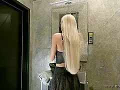 big tits long haired sexy blonde prepares for the night in a see through mini skirt with underknee socks and no panties