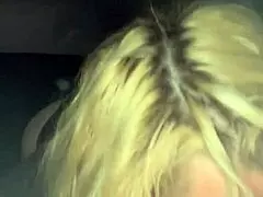 pretty hooker blows a guy in his car at night and makes him cum in her mouth then spits it out on his dick only to suck it right back off