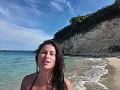 On a public beach with my horny curvy stepmom flashing naked