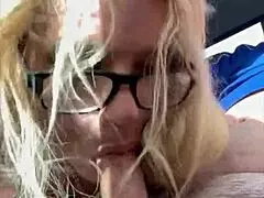 real hooker in glasses kneels in public to suck an old man for money and swallow his cum load