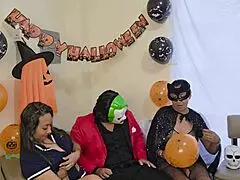 homemade halloween threesome features stepmother stepdaughter and stepson in wild action