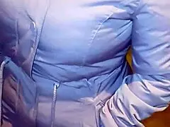 Mature woman in red thong and transparent leggings on street