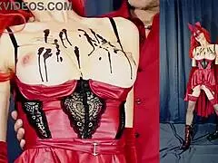 dude, pouring hot wax all over these massive redhead milf tits in lingerie and heels for halloween pain play... intense!