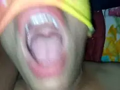 stepsister's husband comes back from his trip and i welcome him right in the bathroom