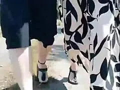 hot 66 year old granny flashing feet outdoor forest walk with me