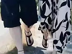 hot 66 year old granny flashing feet outdoor forest walk with me