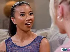 stepmom's forbidden lust for stepdaughter's shaved pussy tempts threesome