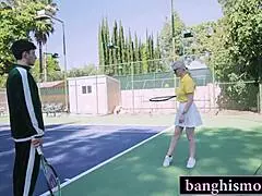 two adorable brunette milfs in uniforms start a tennis game but end up horny in a big ass big tits foursome orgy