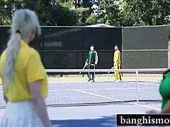 two adorable brunette milfs in uniforms start a tennis game but end up horny in a big ass big tits foursome orgy