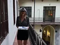 the hot pizza delivery milf in uniform and miniskirt takes the muscular bodybuilder's huge cock on her desk