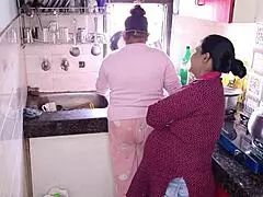 hot stepsister kajal and promila get hardcore fucked by stepbrother in the kitchen