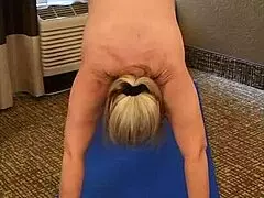 mature granny vee bends naked in yoga pose flashing saggy natural tits and big juicy ass