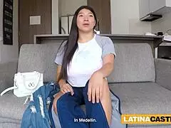 Big tits latina milf bares natural boobs in interview before getting pussy drilled sideways rough in homemade casting