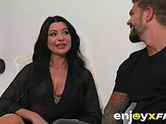 My stepmom's eyes widen at my huge cock size surprise