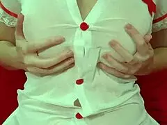 Pretty blonde in see-through dress bounces huge fake tits moaning close-up